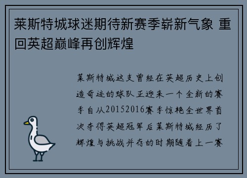 莱斯特城球迷期待新赛季崭新气象 重回英超巅峰再创辉煌 莱斯特城球迷期待新赛季崭新气象 重回英超巅峰再创辉煌
